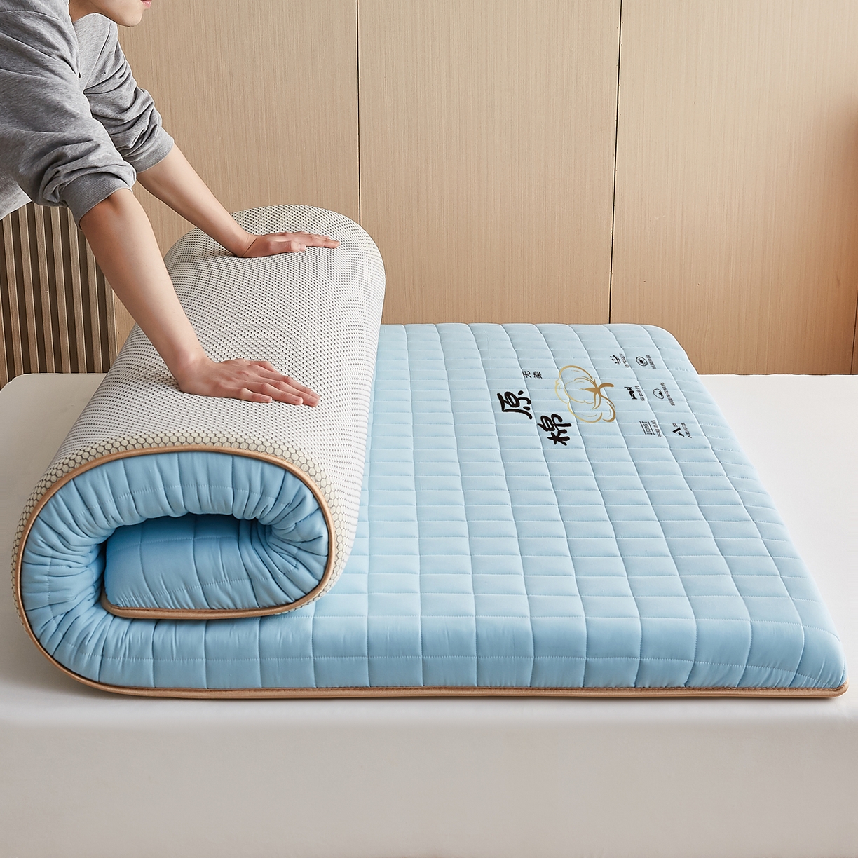 91家纺网 家纺一手货源 找家纺 月茶家纺 2026新款A类原棉新疆棉花床垫 原棉-晴空蓝