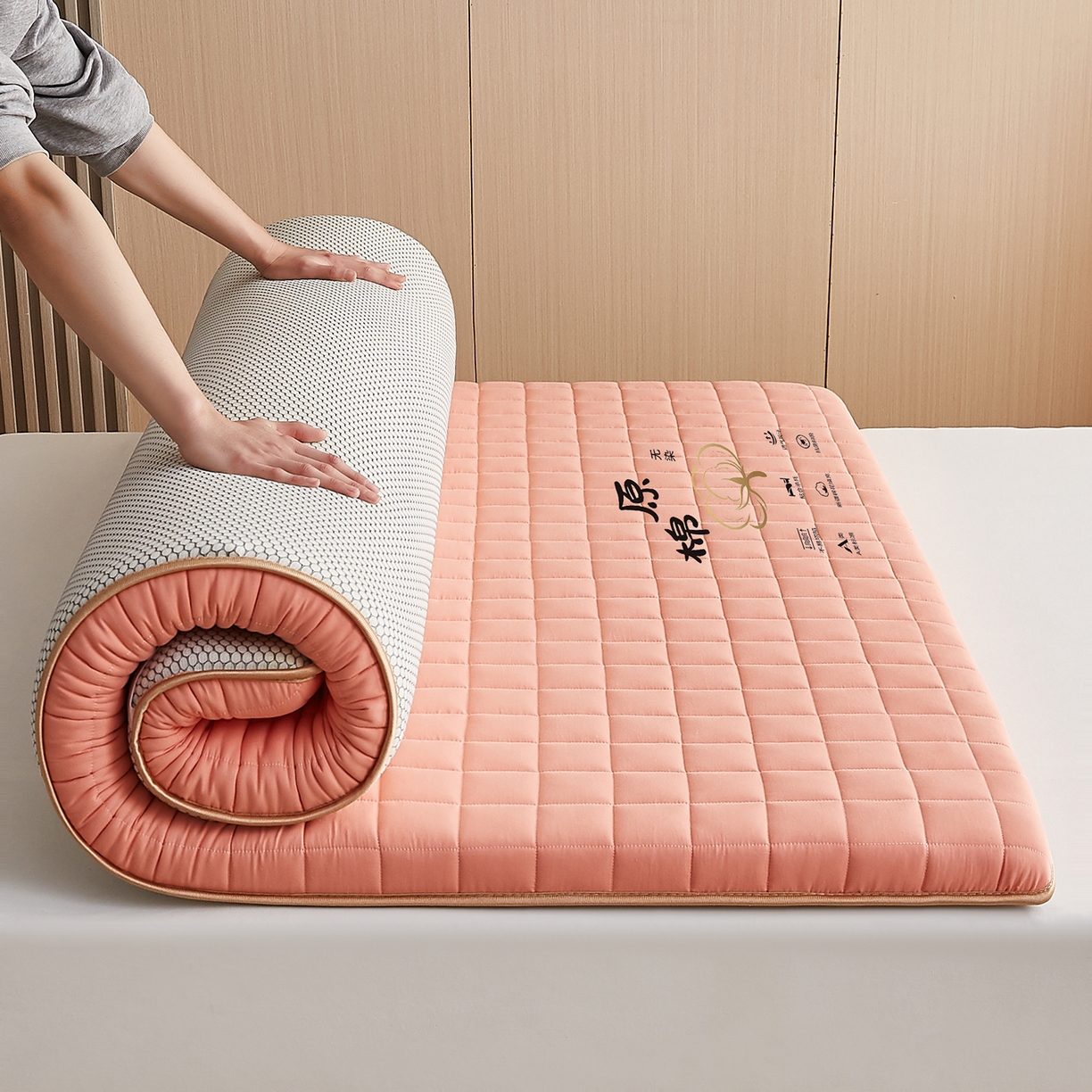 月茶家纺 2026新款A类原棉新疆棉花床垫 原棉-蜜桃粉