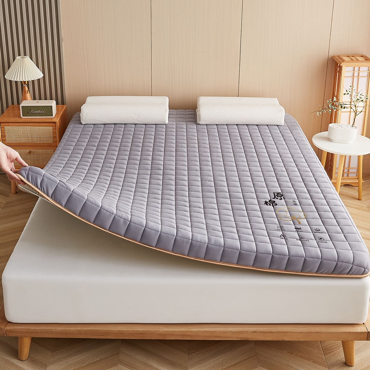 91家纺网 家纺一手货源 找家纺 月茶家纺 2026新款A类原棉新疆棉花床垫 原棉-雾霾灰