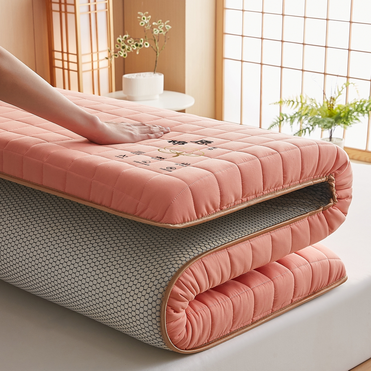 91家纺网 家纺一手货源 找家纺 月茶家纺 2026新款A类原棉新疆棉花床垫 原棉-蜜桃粉