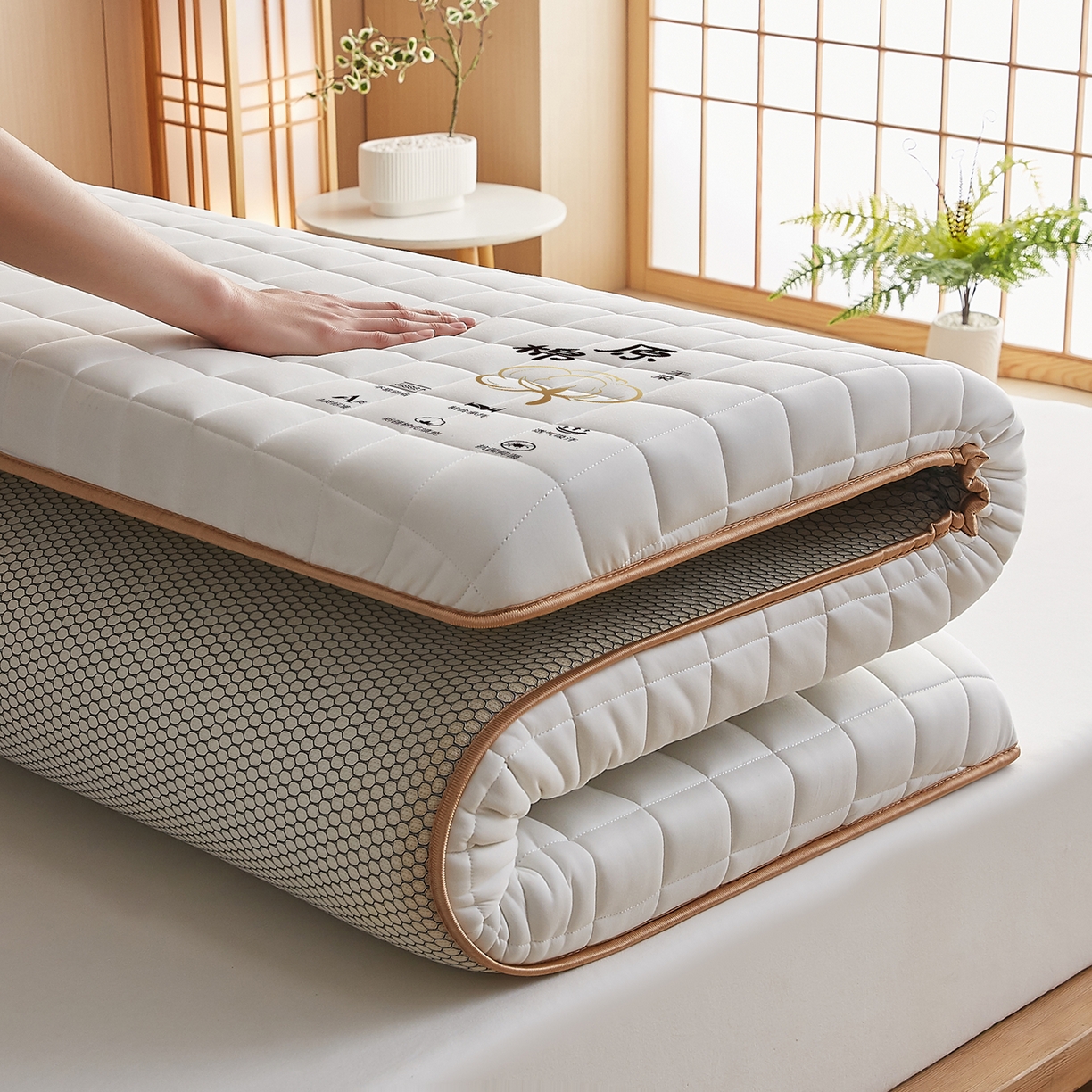 91家纺网 家纺一手货源 找家纺 月茶家纺 2026新款A类原棉新疆棉花床垫 原棉-米白