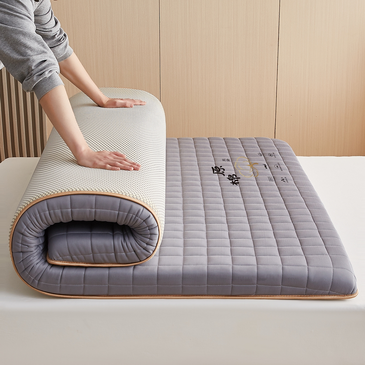 91家纺网 家纺一手货源 找家纺 月茶家纺 2026新款A类原棉新疆棉花床垫 原棉-雾霾灰