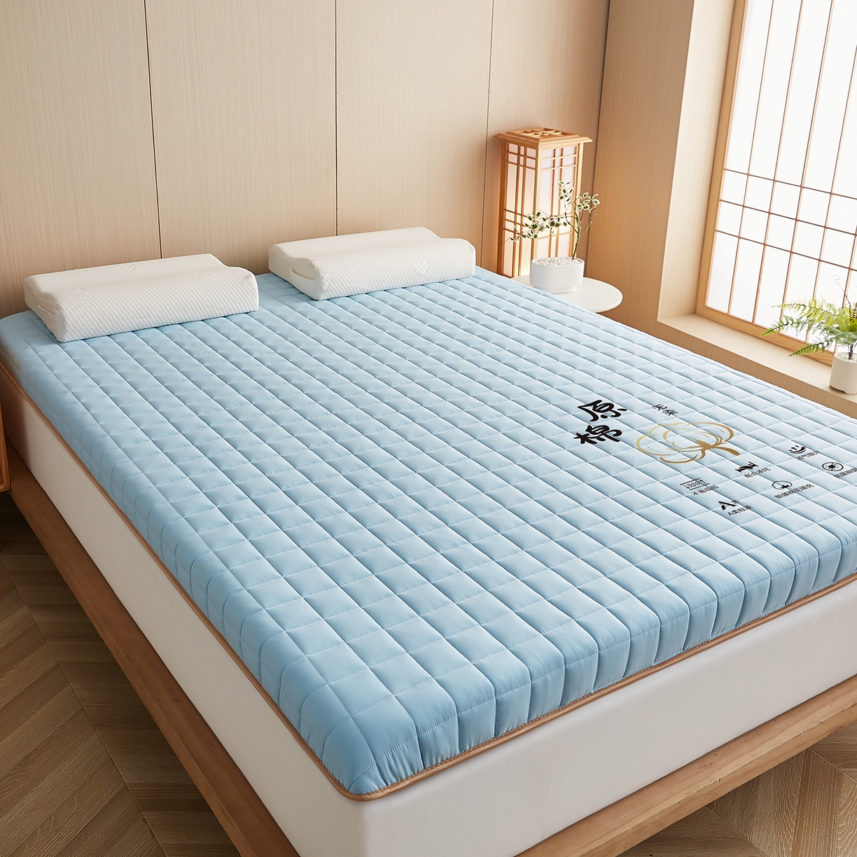 91家纺网 家纺一手货源 找家纺 月茶家纺 2026新款A类原棉新疆棉花床垫 原棉-晴空蓝