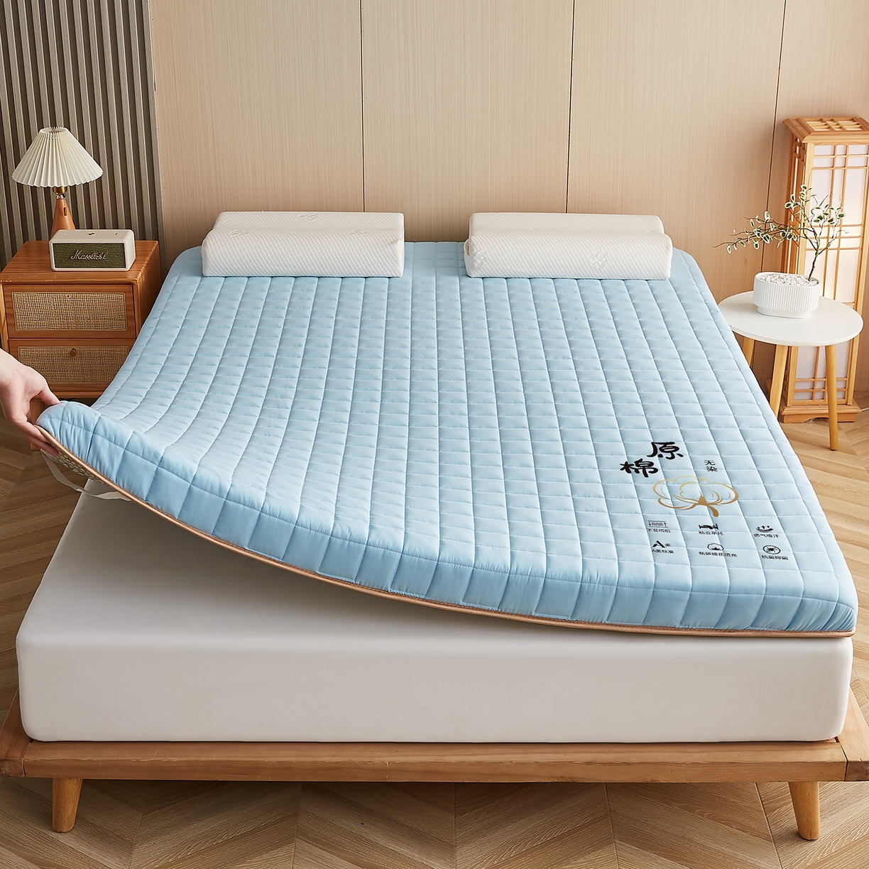 91家纺网 家纺一手货源 找家纺 月茶家纺 2026新款A类原棉新疆棉花床垫 原棉-晴空蓝