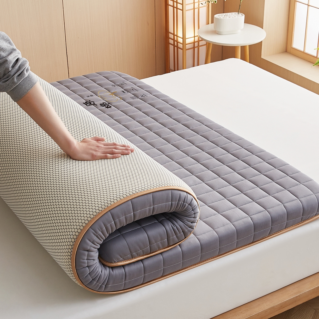 91家纺网 家纺一手货源 找家纺 月茶家纺 2026新款A类原棉新疆棉花床垫 原棉-雾霾灰