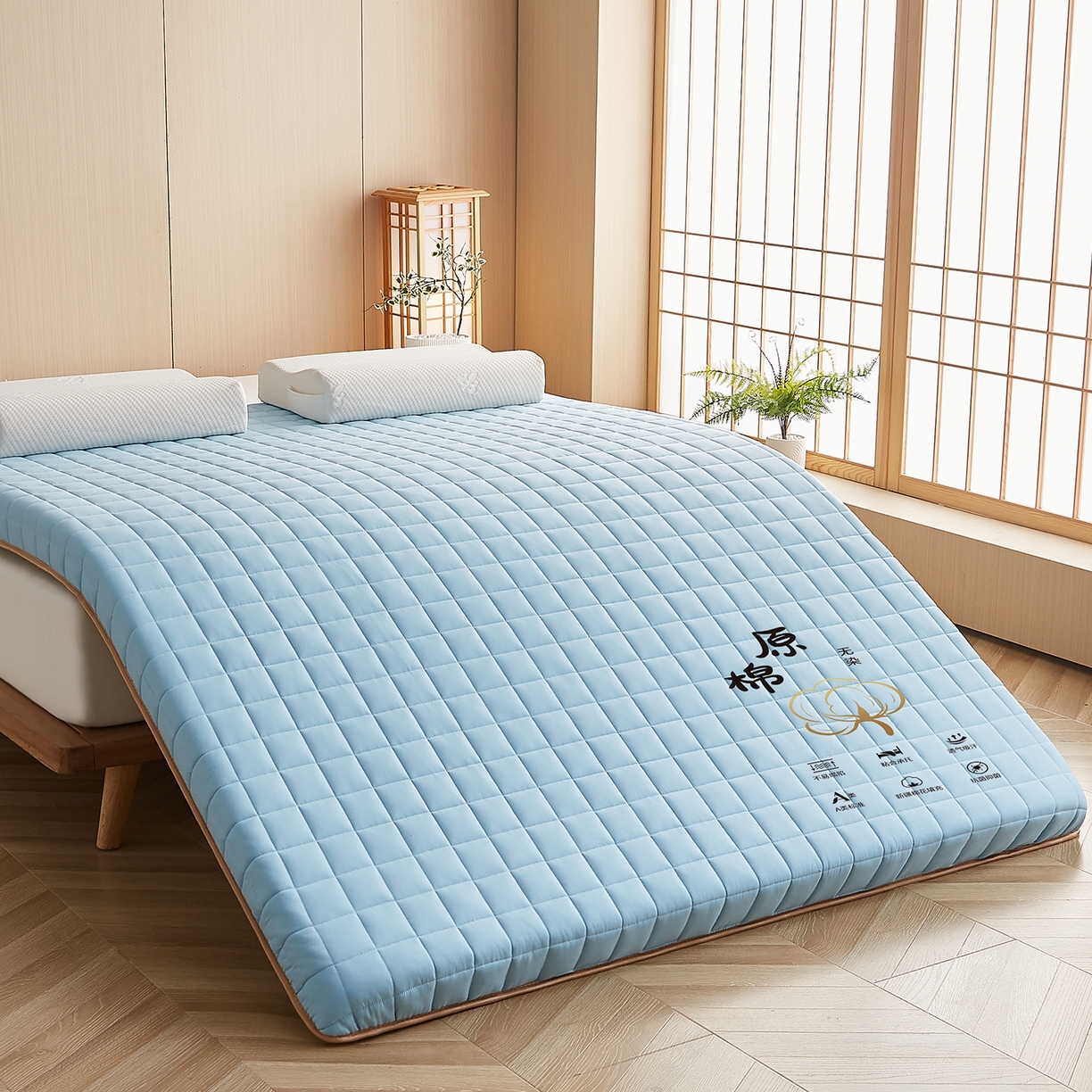 91家纺网 家纺一手货源 找家纺 月茶家纺 2026新款A类原棉新疆棉花床垫 原棉-晴空蓝