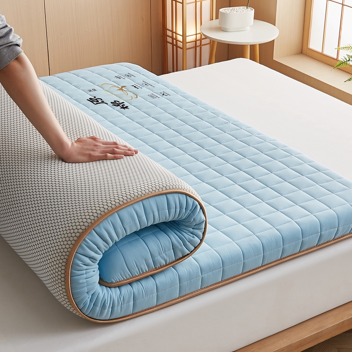 91家纺网 家纺一手货源 找家纺 月茶家纺 2026新款A类原棉新疆棉花床垫 原棉-晴空蓝