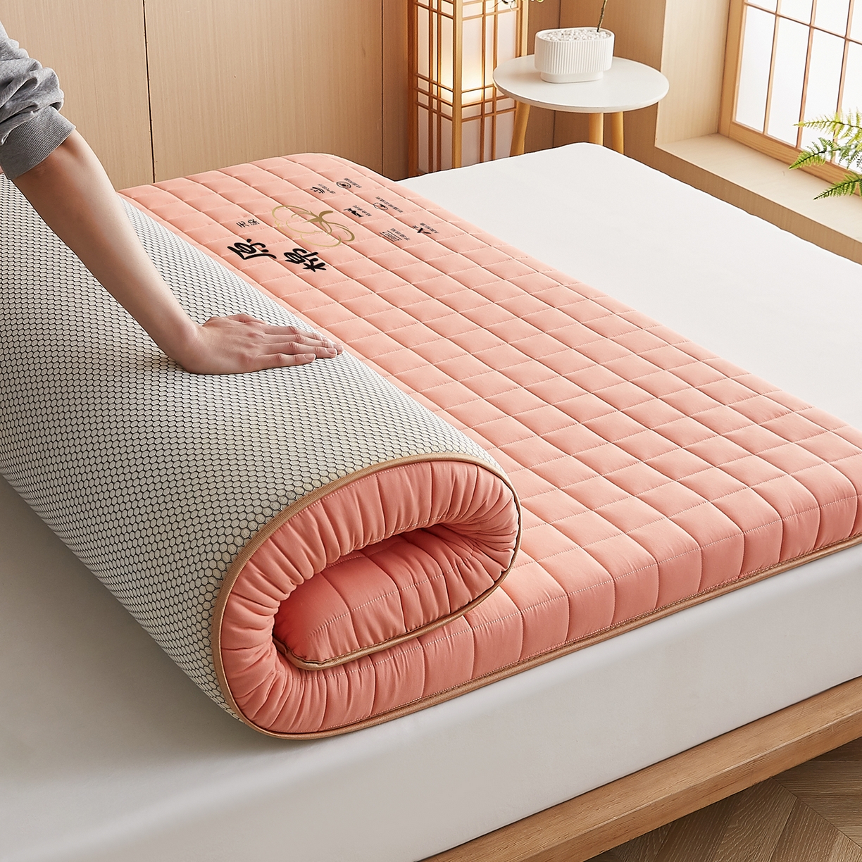 91家纺网 家纺一手货源 找家纺 月茶家纺 2026新款A类原棉新疆棉花床垫 原棉-蜜桃粉