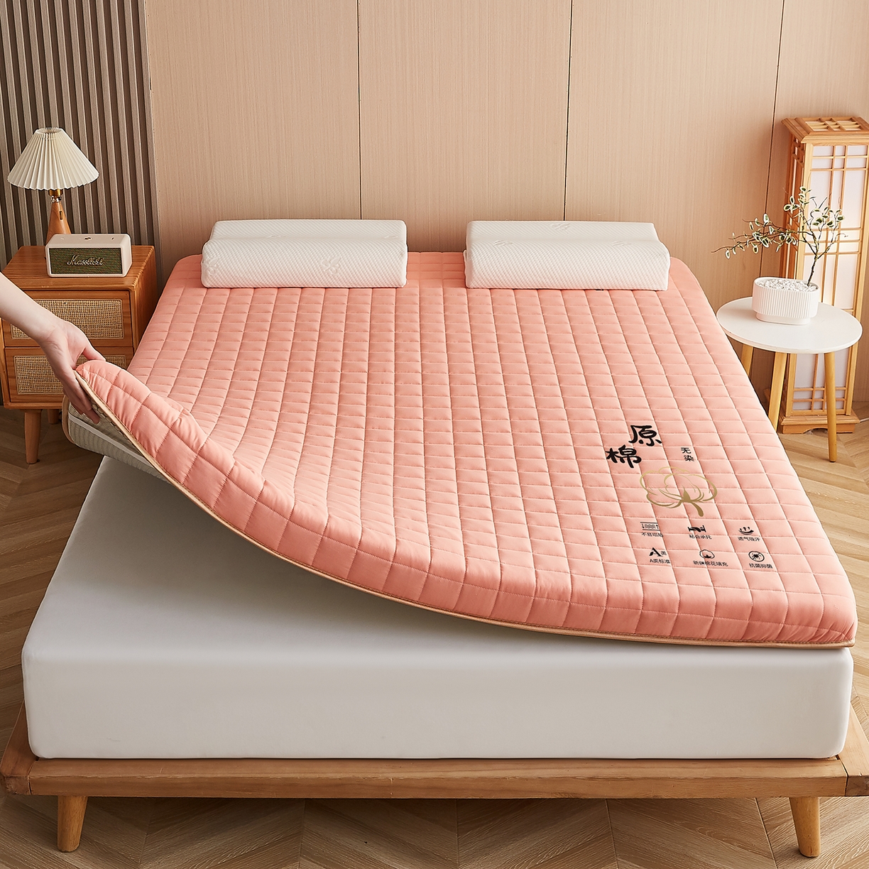 91家纺网 家纺一手货源 找家纺 月茶家纺 2026新款A类原棉新疆棉花床垫 原棉-蜜桃粉