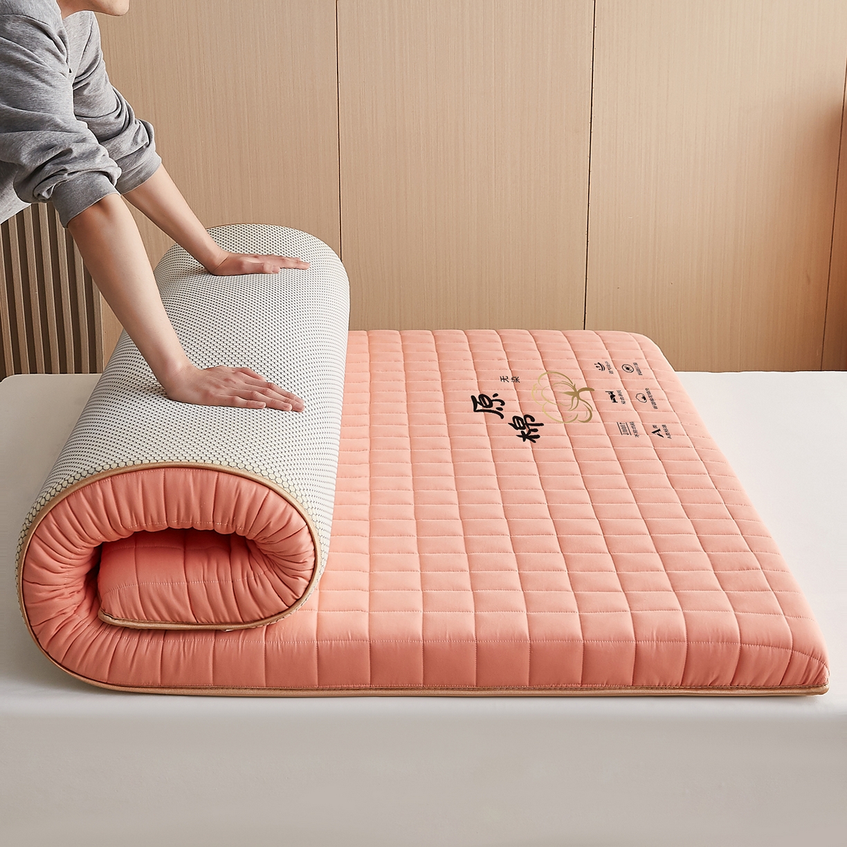 91家纺网 家纺一手货源 找家纺 月茶家纺 2026新款A类原棉新疆棉花床垫 原棉-蜜桃粉