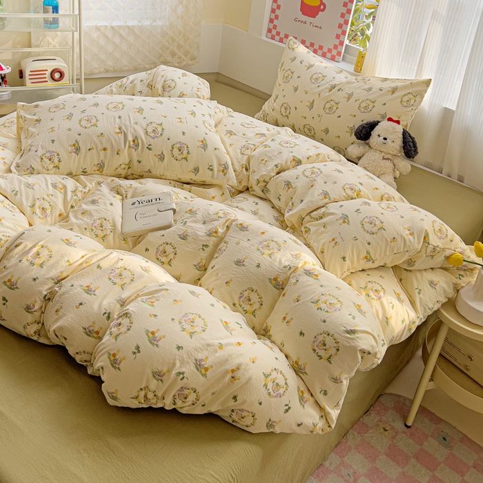 91家纺网 家纺一手货源 找家纺 优选 2026新款加厚云感棉双层纱四件套小碎花被套床单床笠款学生三件套新款直播爆款 兔子的欢喜