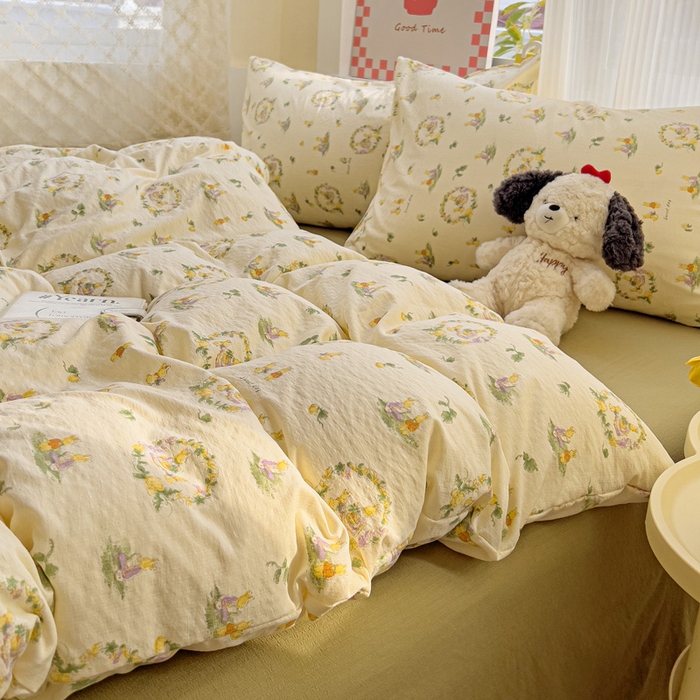 91家纺网 家纺一手货源 找家纺 优选 2026新款加厚云感棉双层纱四件套小碎花被套床单床笠款学生三件套新款直播爆款 兔子的欢喜