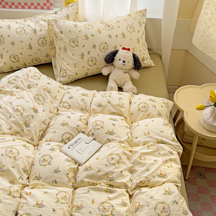 91家纺网 家纺一手货源 找家纺 优选 2026新款加厚云感棉双层纱四件套小碎花被套床单床笠款学生三件套新款直播爆款 兔子的欢喜