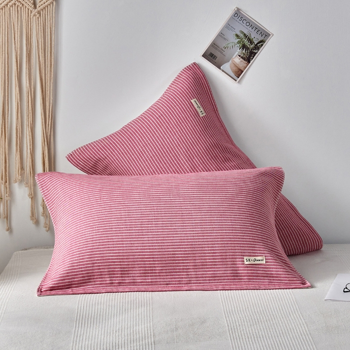 朴尔家纺-毛巾被 2026新款日式简约条纹全棉三层纱布枕巾 简约条纹枕巾红