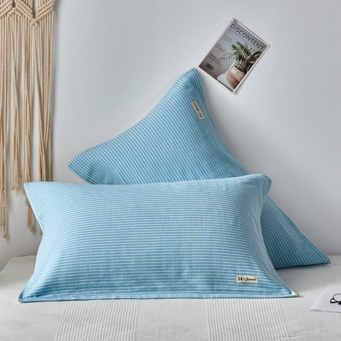 朴尔家纺-毛巾被 2026新款日式简约条纹全棉三层纱布枕巾 简约条纹枕巾浅蓝