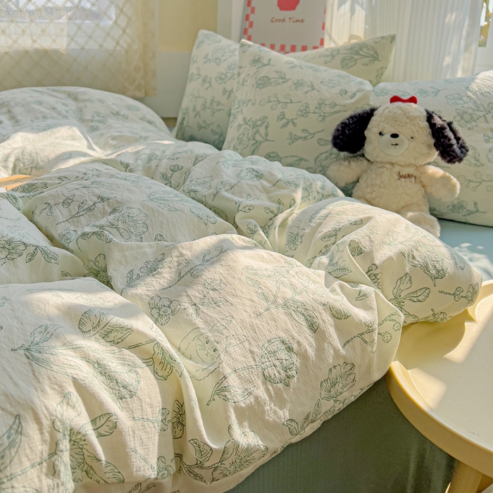 91家纺网 家纺一手货源 找家纺 优选 2026新款加厚云感棉双层纱四件套小碎花被套床单床笠款学生三件套新款直播爆款 海像森林