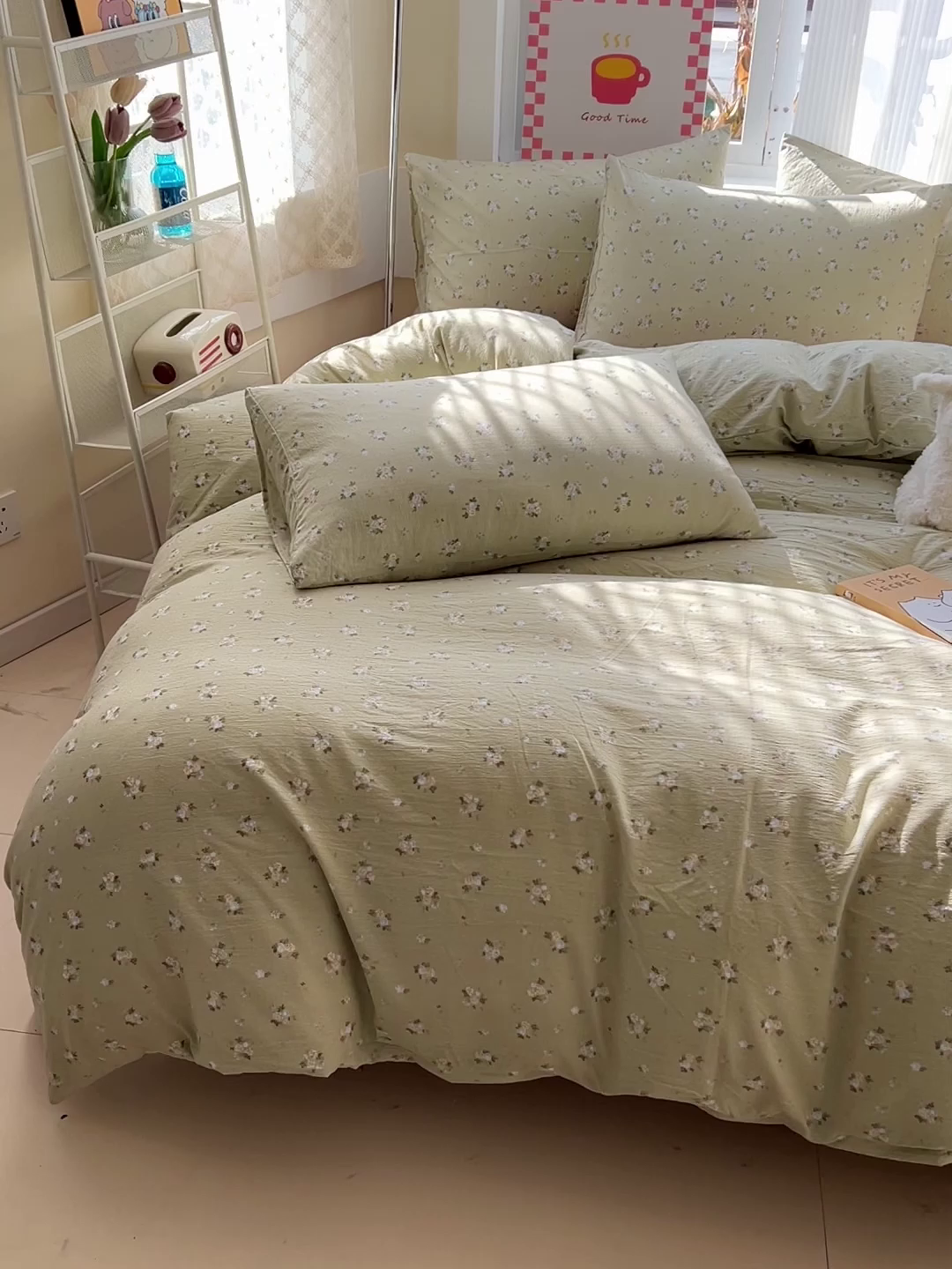 91家纺网 家纺一手货源 找家纺 优选 2026新款加厚云感棉双层纱四件套小碎花被套床单床笠款学生三件套新款直播爆款 落日暮年-绿