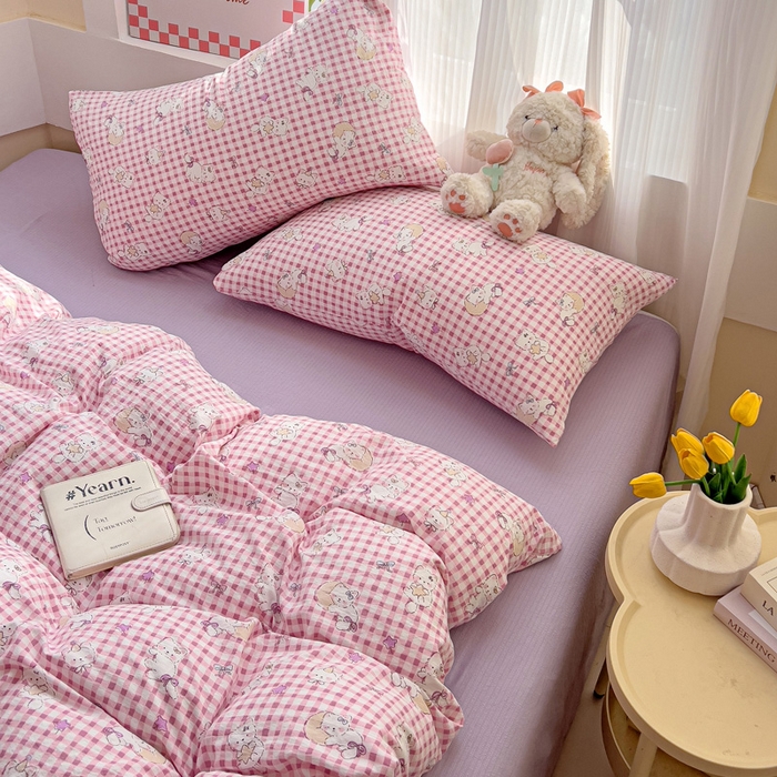 91家纺网 家纺一手货源 找家纺 优选 2026新款加厚云感棉双层纱四件套小碎花被套床单床笠款学生三件套新款直播爆款 猫猫晚宴