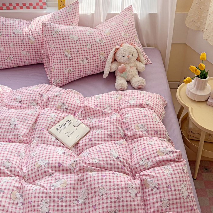 91家纺网 家纺一手货源 找家纺 优选 2026新款加厚云感棉双层纱四件套小碎花被套床单床笠款学生三件套新款直播爆款 猫猫晚宴