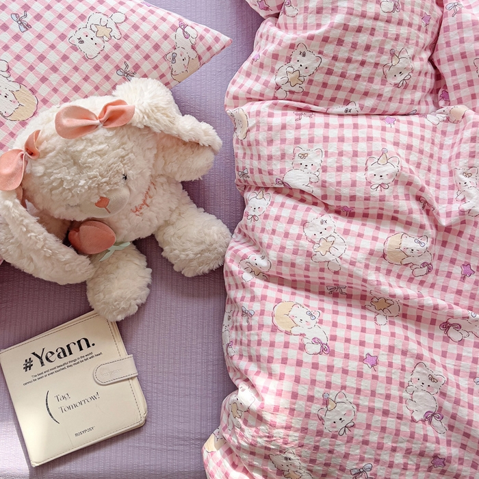 91家纺网 家纺一手货源 找家纺 优选 2026新款加厚云感棉双层纱四件套小碎花被套床单床笠款学生三件套新款直播爆款 猫猫晚宴