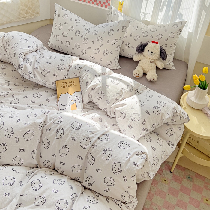 优选 2026新款加厚云感棉双层纱四件套小碎花被套床单床笠款学生三件套新款直播爆款 猫咪恋人
