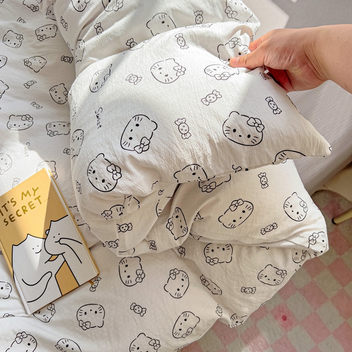 91家纺网 家纺一手货源 找家纺 优选 2026新款加厚云感棉双层纱四件套小碎花被套床单床笠款学生三件套新款直播爆款 猫咪恋人