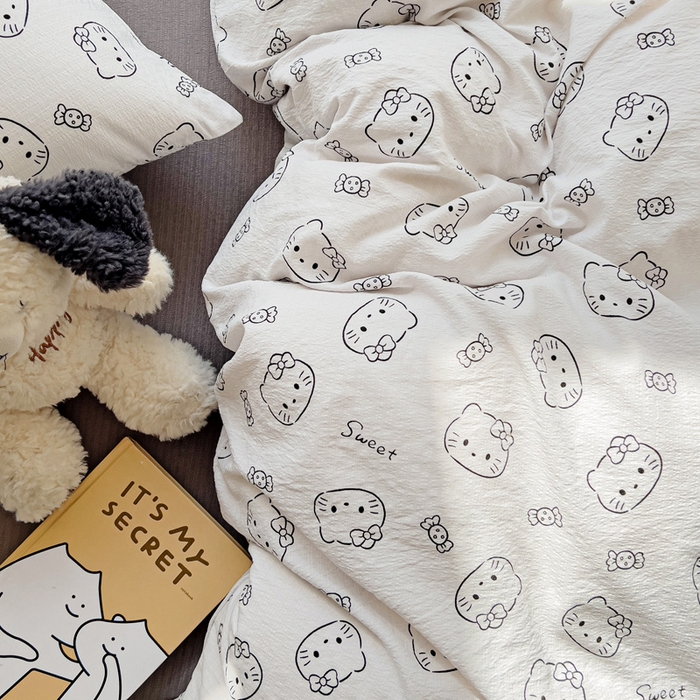 91家纺网 家纺一手货源 找家纺 优选 2026新款加厚云感棉双层纱四件套小碎花被套床单床笠款学生三件套新款直播爆款 猫咪恋人