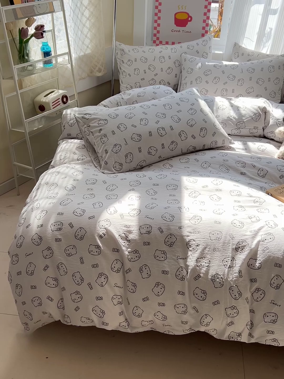 91家纺网 家纺一手货源 找家纺 优选 2026新款加厚云感棉双层纱四件套小碎花被套床单床笠款学生三件套新款直播爆款 猫咪恋人