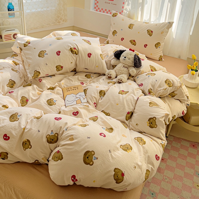 91家纺网 家纺一手货源 找家纺 优选 2026新款加厚云感棉双层纱四件套小碎花被套床单床笠款学生三件套新款直播爆款 奇妙小熊-米