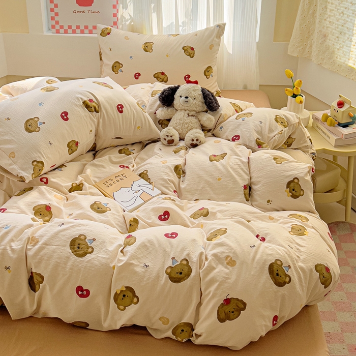 91家纺网 家纺一手货源 找家纺 优选 2026新款加厚云感棉双层纱四件套小碎花被套床单床笠款学生三件套新款直播爆款 奇妙小熊-米