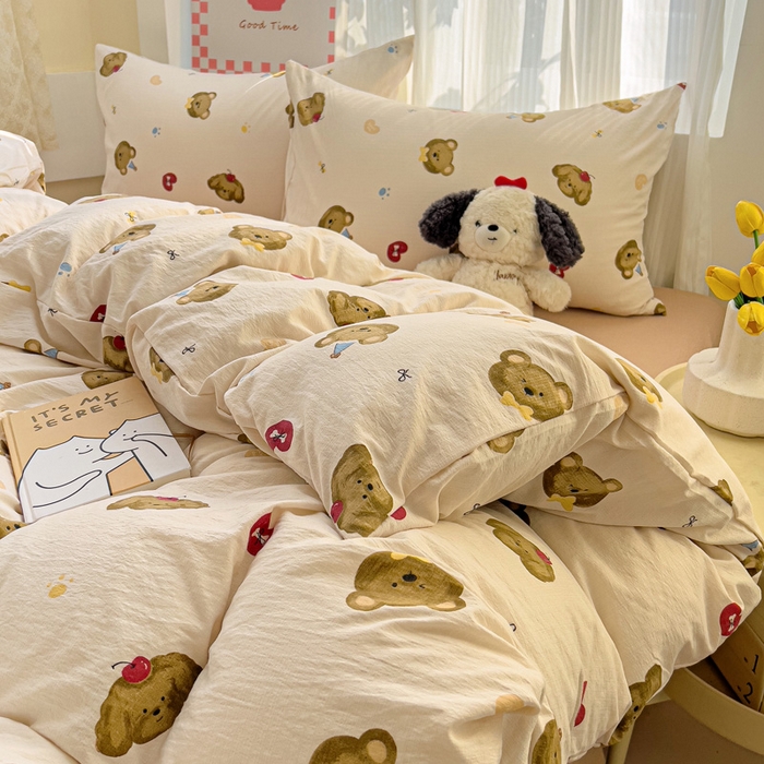 91家纺网 家纺一手货源 找家纺 优选 2026新款加厚云感棉双层纱四件套小碎花被套床单床笠款学生三件套新款直播爆款 奇妙小熊-米