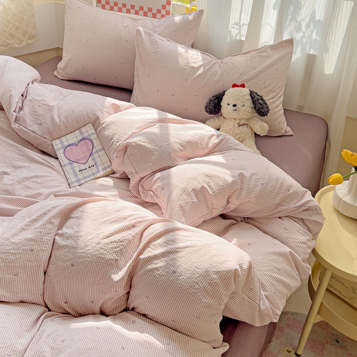 91家纺网 家纺一手货源 找家纺 优选 2026新款加厚云感棉双层纱四件套小碎花被套床单床笠款学生三件套新款直播爆款 倾心-紫