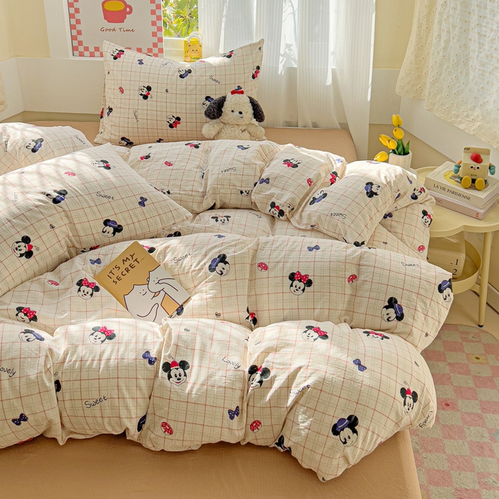 91家纺网 家纺一手货源 找家纺 优选 2026新款加厚云感棉双层纱四件套小碎花被套床单床笠款学生三件套新款直播爆款 微甜米奇