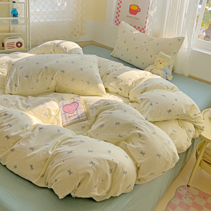 91家纺网 家纺一手货源 找家纺 优选 2026新款加厚云感棉双层纱四件套小碎花被套床单床笠款学生三件套新款直播爆款 相思-蓝