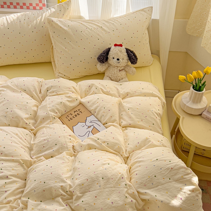 91家纺网 家纺一手货源 找家纺 优选 2026新款加厚云感棉双层纱四件套小碎花被套床单床笠款学生三件套新款直播爆款 小波点