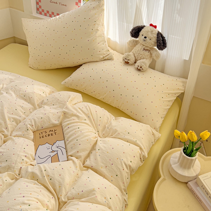 91家纺网 家纺一手货源 找家纺 优选 2026新款加厚云感棉双层纱四件套小碎花被套床单床笠款学生三件套新款直播爆款 小波点