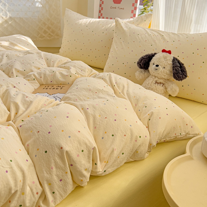 91家纺网 家纺一手货源 找家纺 优选 2026新款加厚云感棉双层纱四件套小碎花被套床单床笠款学生三件套新款直播爆款 小波点