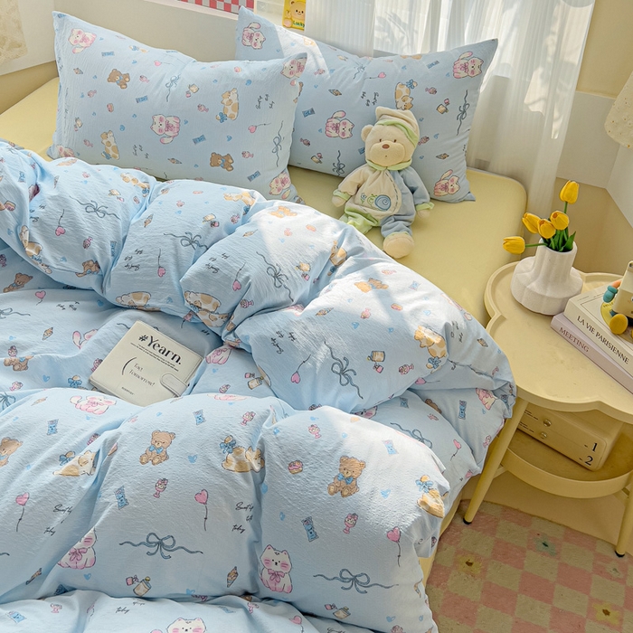 优选 2026新款加厚云感棉双层纱四件套小碎花被套床单床笠款学生三件套新款直播爆款 小猫时光-蓝