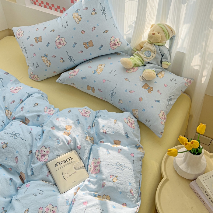 91家纺网 家纺一手货源 找家纺 优选 2026新款加厚云感棉双层纱四件套小碎花被套床单床笠款学生三件套新款直播爆款 小猫时光-蓝