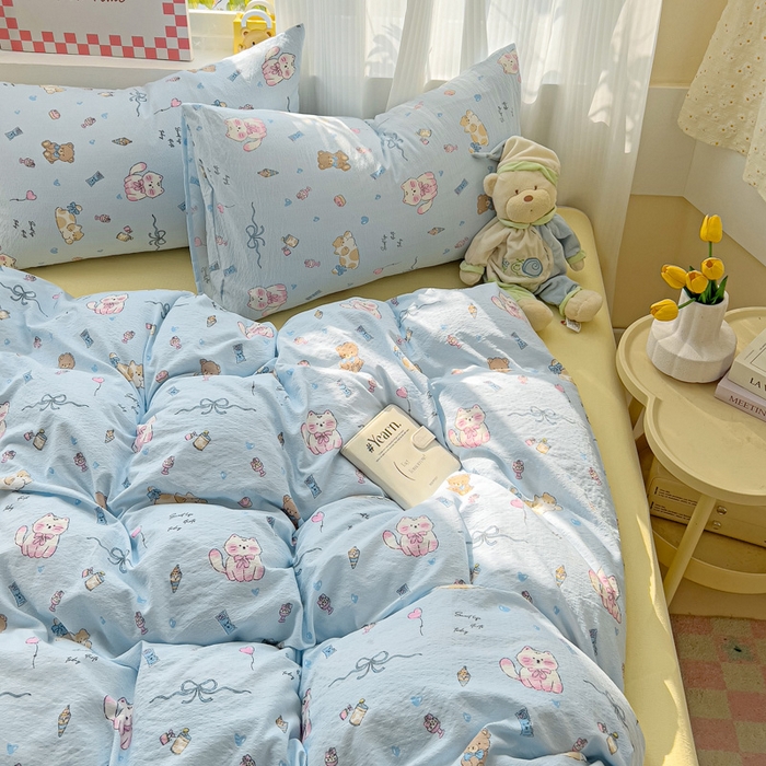 91家纺网 家纺一手货源 找家纺 优选 2026新款加厚云感棉双层纱四件套小碎花被套床单床笠款学生三件套新款直播爆款 小猫时光-蓝