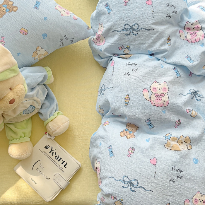 91家纺网 家纺一手货源 找家纺 优选 2026新款加厚云感棉双层纱四件套小碎花被套床单床笠款学生三件套新款直播爆款 小猫时光-蓝