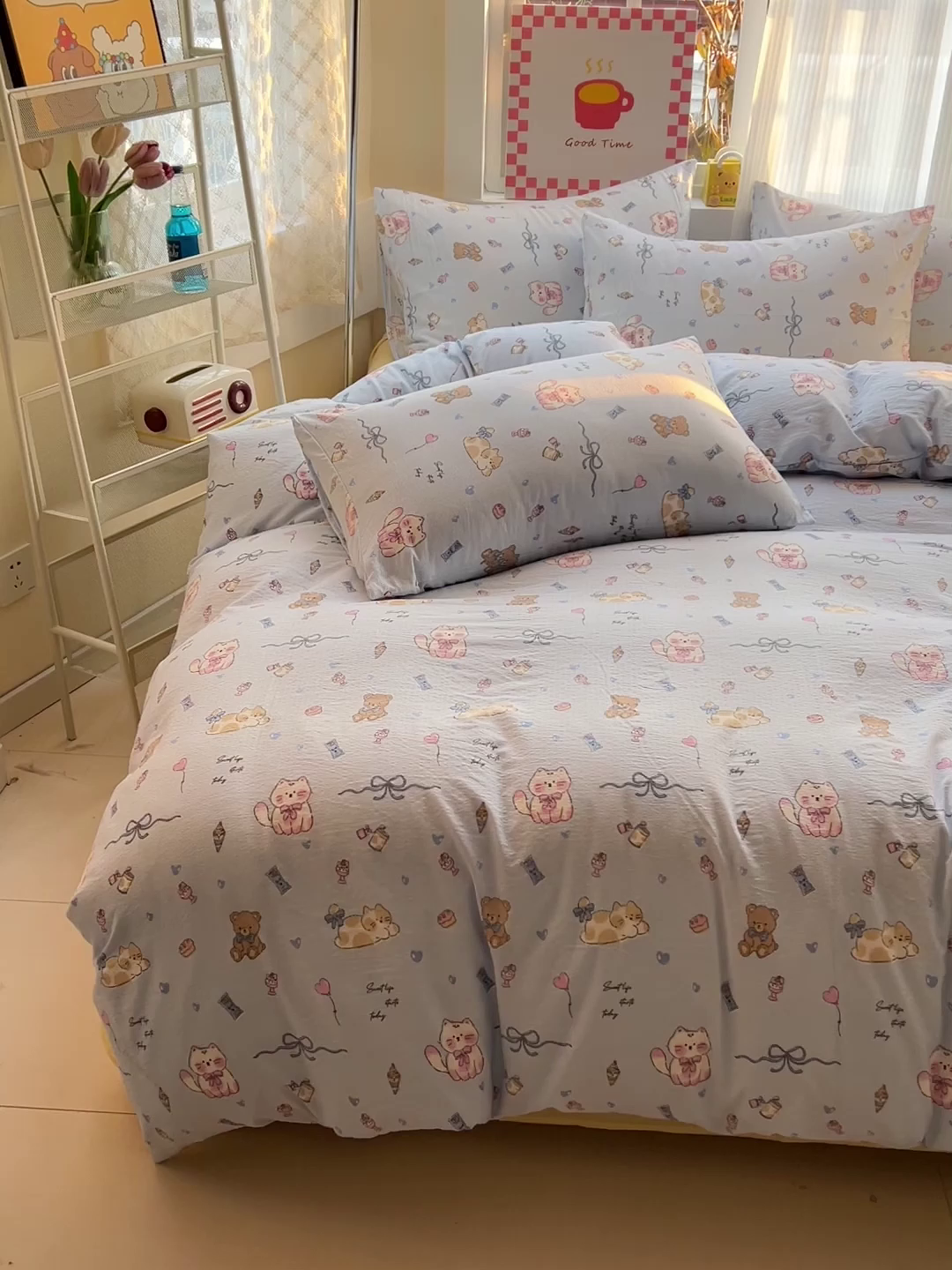 91家纺网 家纺一手货源 找家纺 优选 2026新款加厚云感棉双层纱四件套小碎花被套床单床笠款学生三件套新款直播爆款 小猫时光-蓝