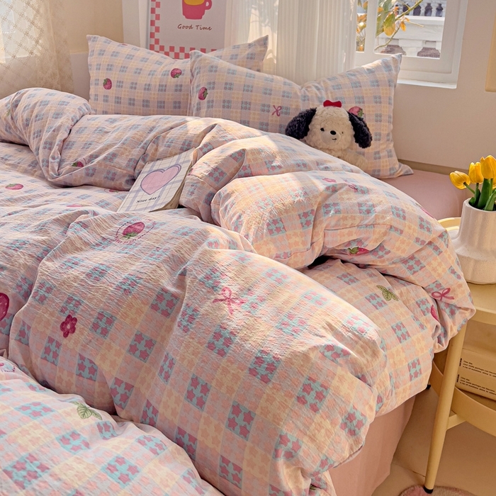 91家纺网 家纺一手货源 找家纺 优选 2025新款加厚爆款小布袋韩国古法高克重水洗棉床单学生三件套床笠款四件套 甜梦花坊