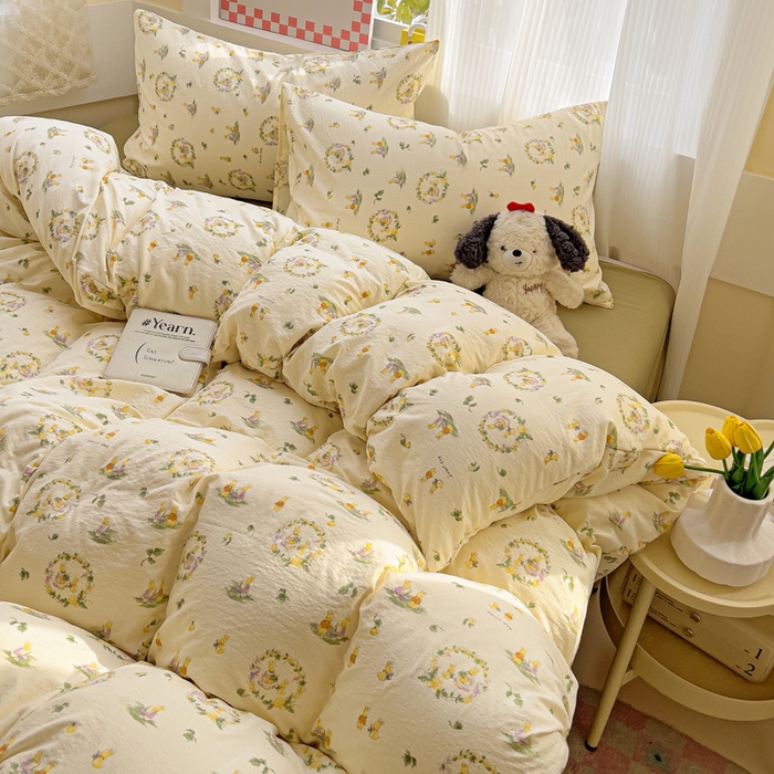 91家纺网 家纺一手货源 找家纺 优选良品 2026新款加厚云感棉双层纱四件套小碎花被套床单床笠款学生三件套新款直播爆款 兔子的欢喜