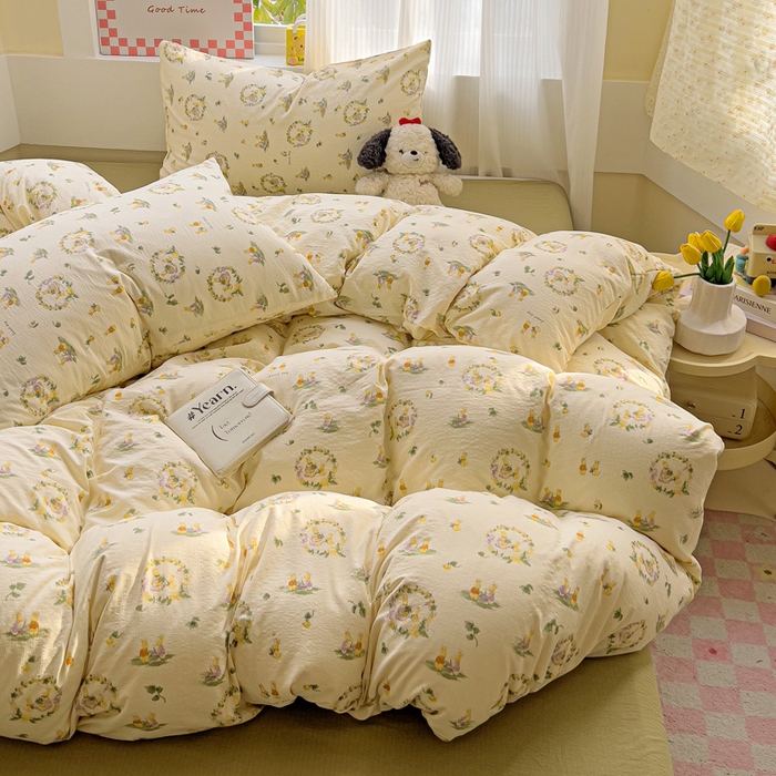 91家纺网 家纺一手货源 找家纺 优选良品 2026新款加厚云感棉双层纱四件套小碎花被套床单床笠款学生三件套新款直播爆款 兔子的欢喜