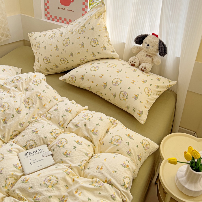 91家纺网 家纺一手货源 找家纺 优选良品 2026新款加厚云感棉双层纱四件套小碎花被套床单床笠款学生三件套新款直播爆款 兔子的欢喜