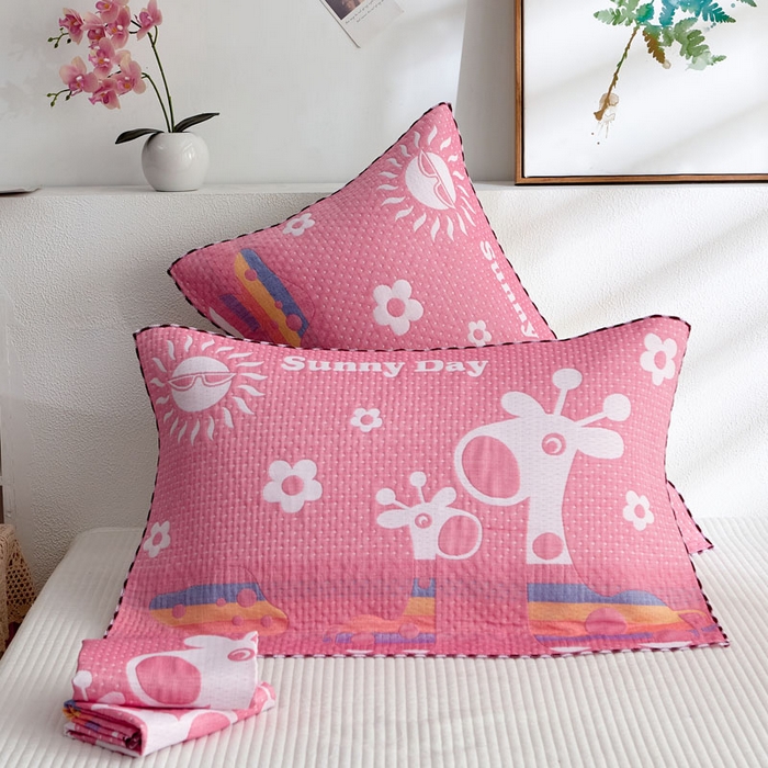 朴尔家纺-毛巾被 2026新款AB版蜂窝提花锁边立体枕巾 阳光鹿-粉