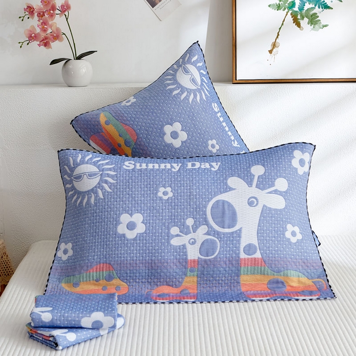 朴尔家纺-毛巾被 2026新款AB版蜂窝提花锁边立体枕巾 阳光鹿-蓝