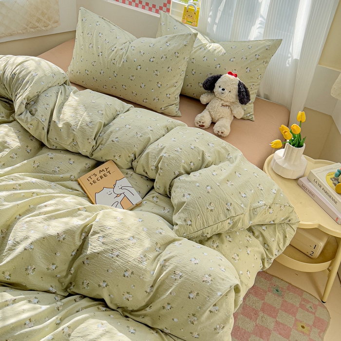 优选良品 2026新款加厚云感棉双层纱四件套小碎花被套床单床笠款学生三件套新款直播爆款 落日暮年-绿