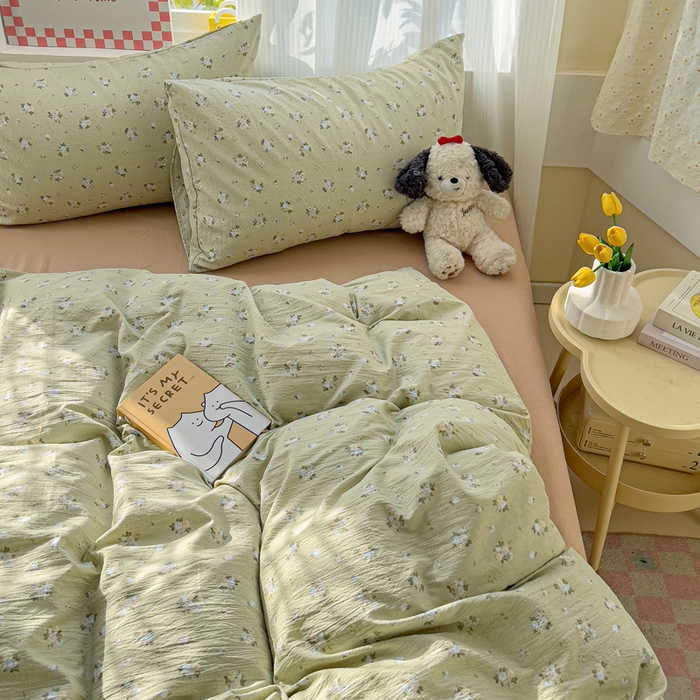 91家纺网 家纺一手货源 找家纺 优选良品 2026新款加厚云感棉双层纱四件套小碎花被套床单床笠款学生三件套新款直播爆款 落日暮年-绿